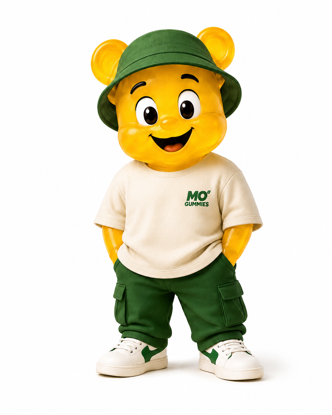 Mo’ mascot wearing a green bucket hat