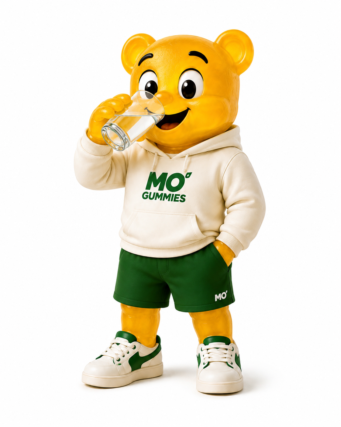 Mo’ mascot drinking a glass of water